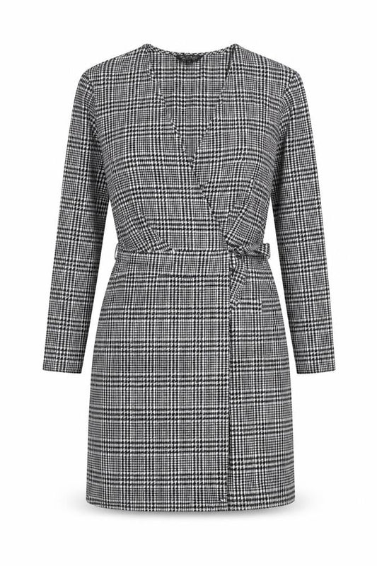 Front view of Miss Selfridge Women Black Check Wrap Dress, size 10, Long Sleeve