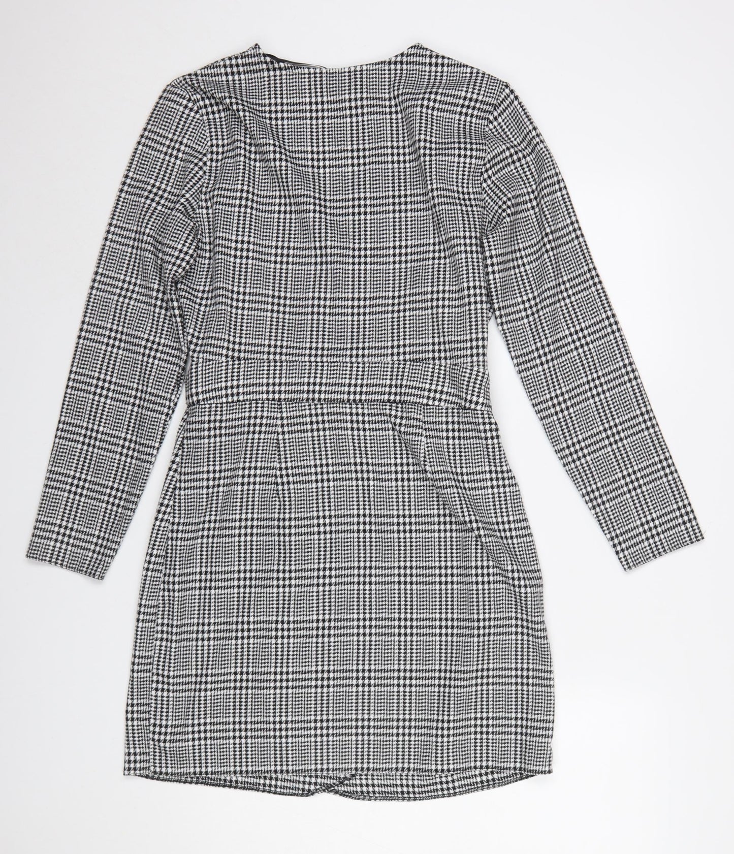 Miss Selfridge Women Black Check Wrap Dress Size 10 Long Sleeve