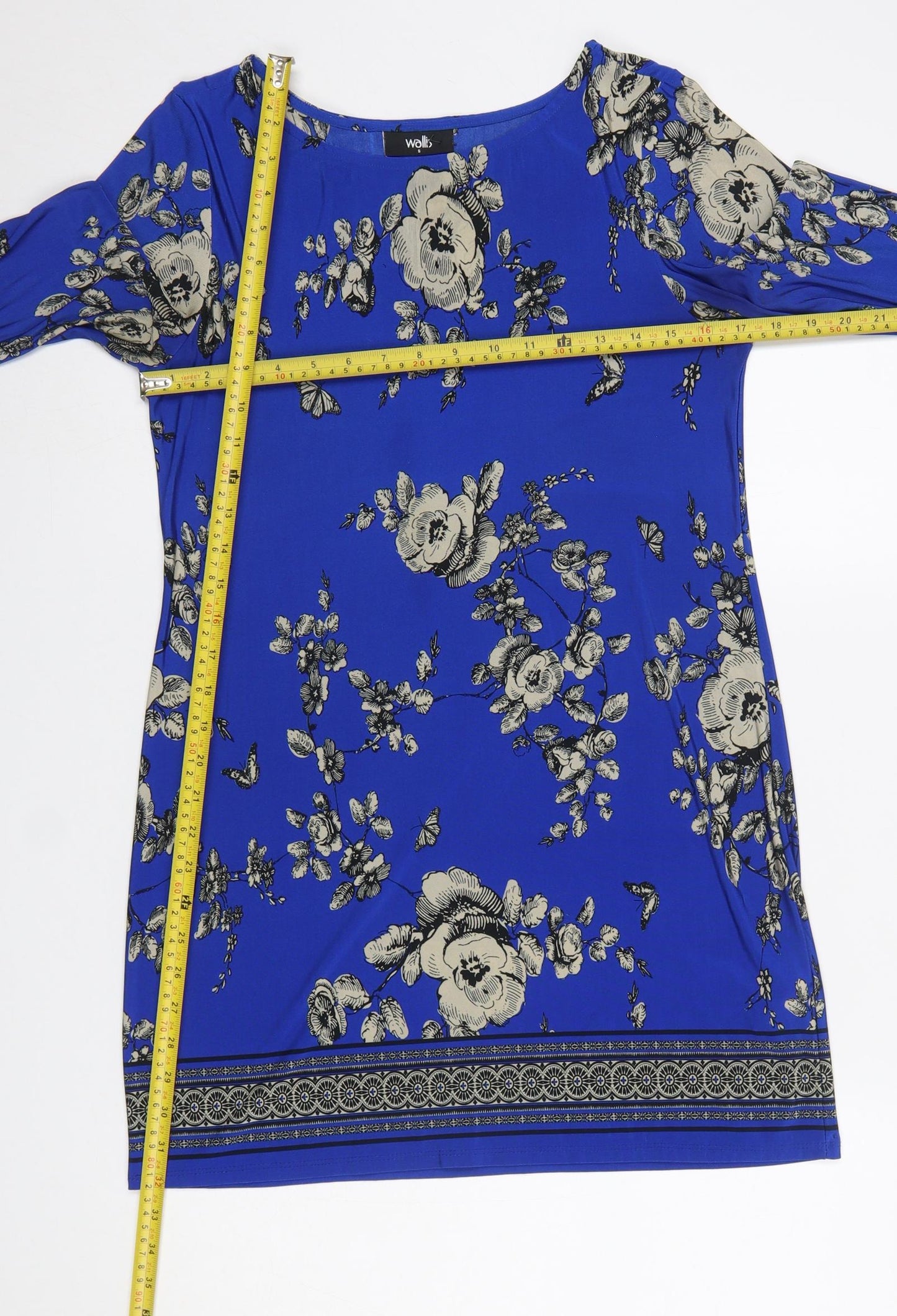 Wallis Women Blue Floral Shift Dress Size 10 3/4 Sleeve