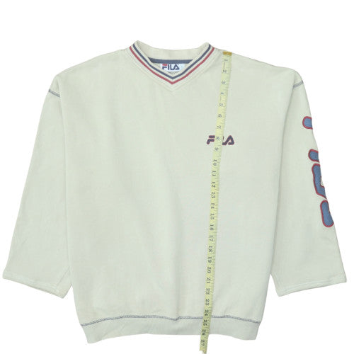 FILA Men's White Retro V-Neck Logo Pullover Sweatshirt L