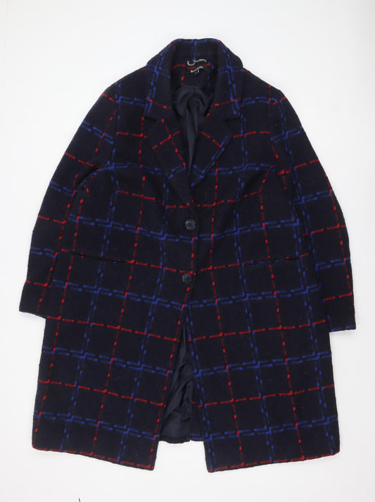 Bonmarché Women Navy Blue Red Check Wool Blend Coat Size 22