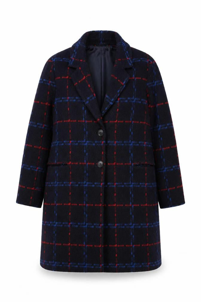 Bonmarché Women Navy Blue Red Check Wool Blend Coat Size 22