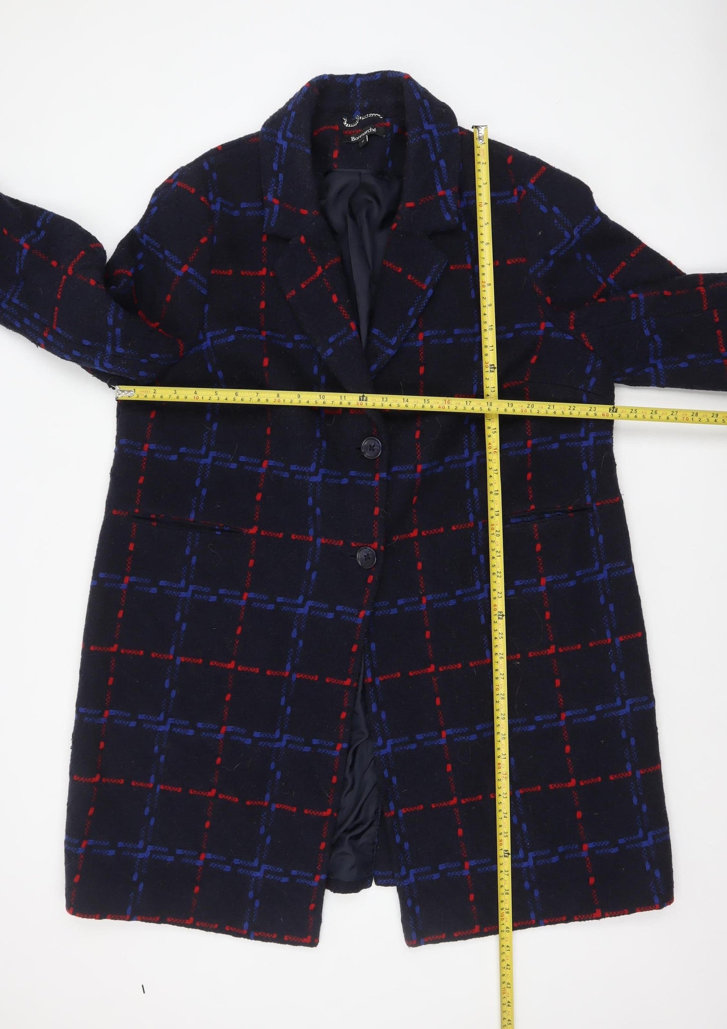 Bonmarché Women Navy Blue Red Check Wool Blend Coat Size 22