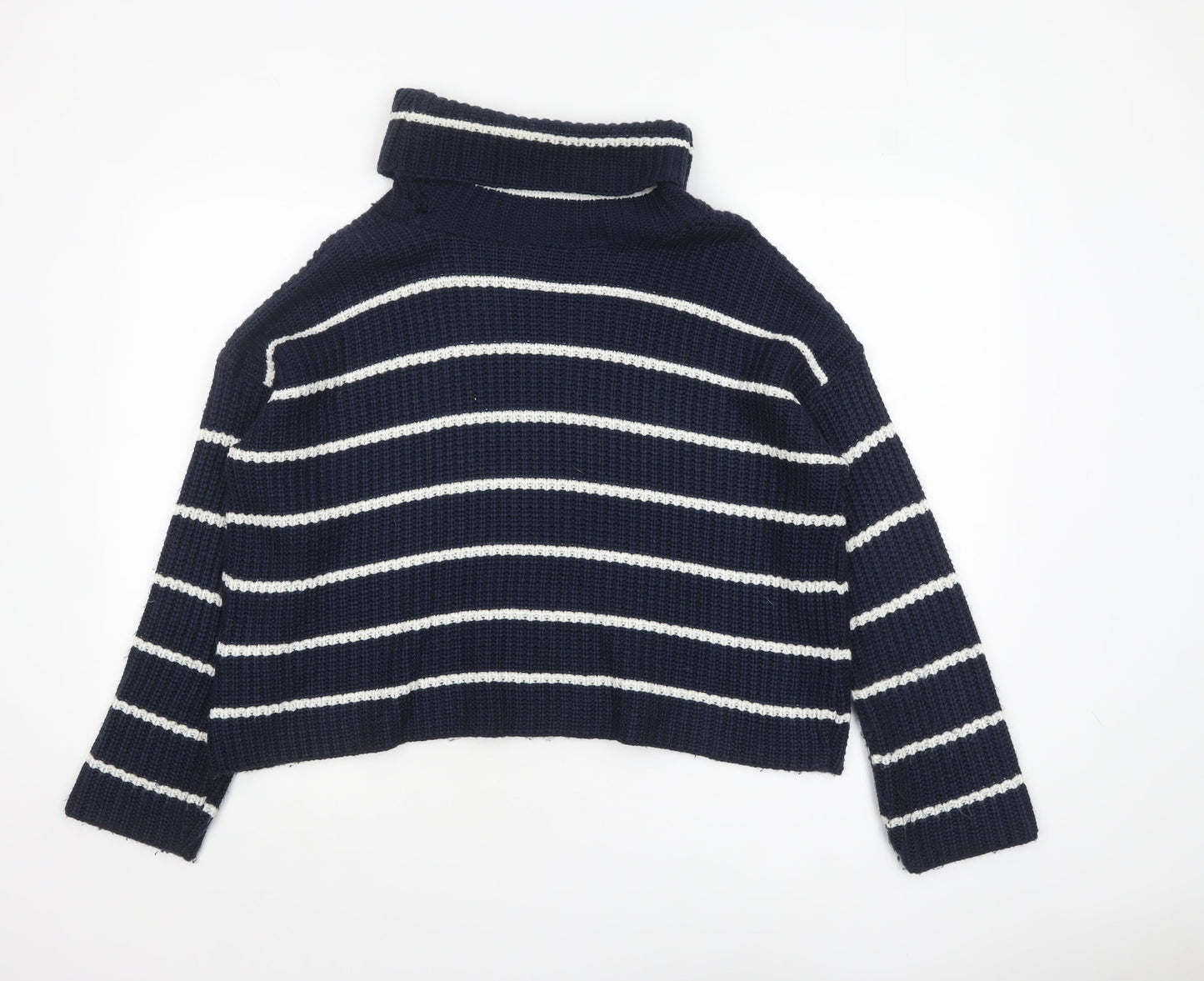Glamorous Womens Blue Striped Roll Neck Knit Jumper UK 10