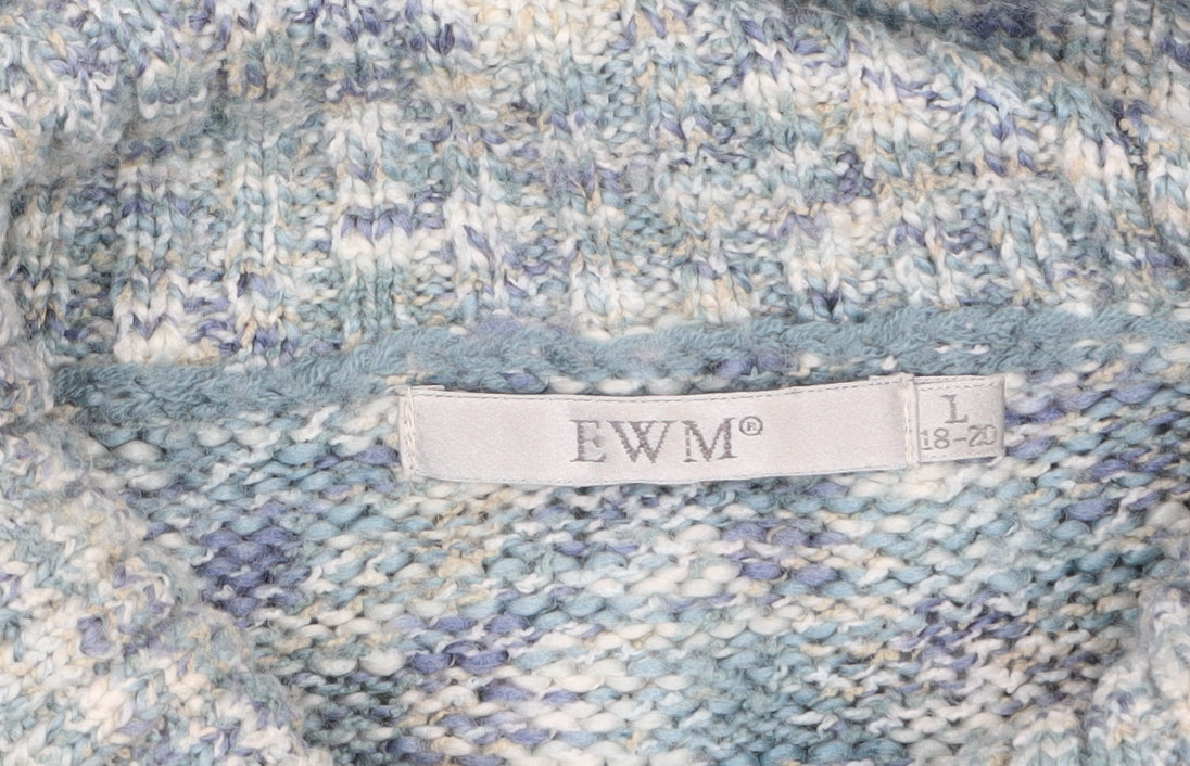 EWM Women’s Blue Chunky Knit Roll Neck Fringed Pullover Jumper L 18-20