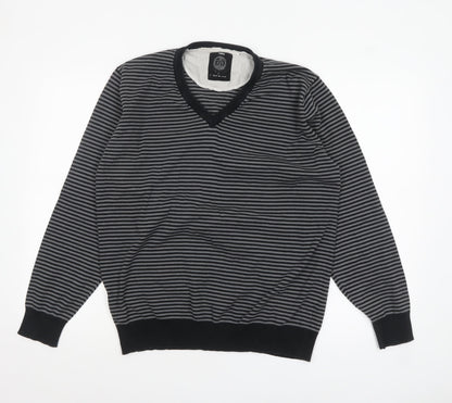 Next Mens Grey Striped V-Neck Cotton Jumper Size L