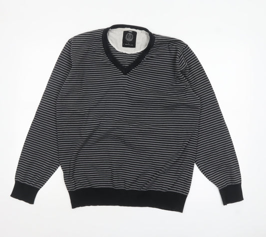 Next Mens Grey Striped V-Neck Cotton Jumper Size L