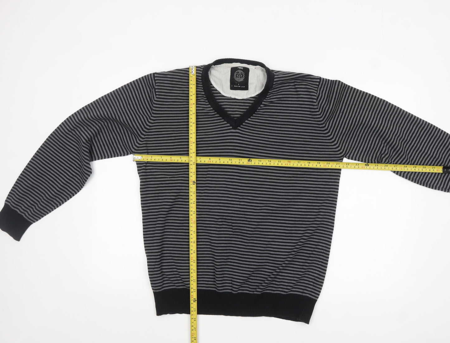 Next Mens Grey Striped V-Neck Cotton Jumper Size L