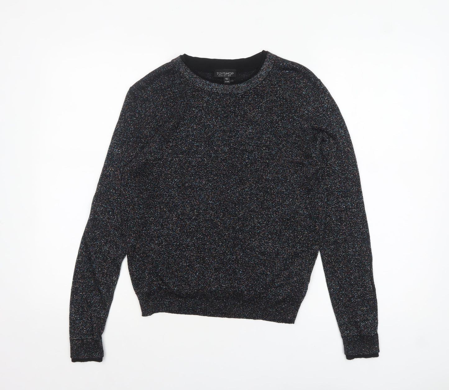 Topshop Women's Black Glitter Knit Crew Neck Jumper Size 8