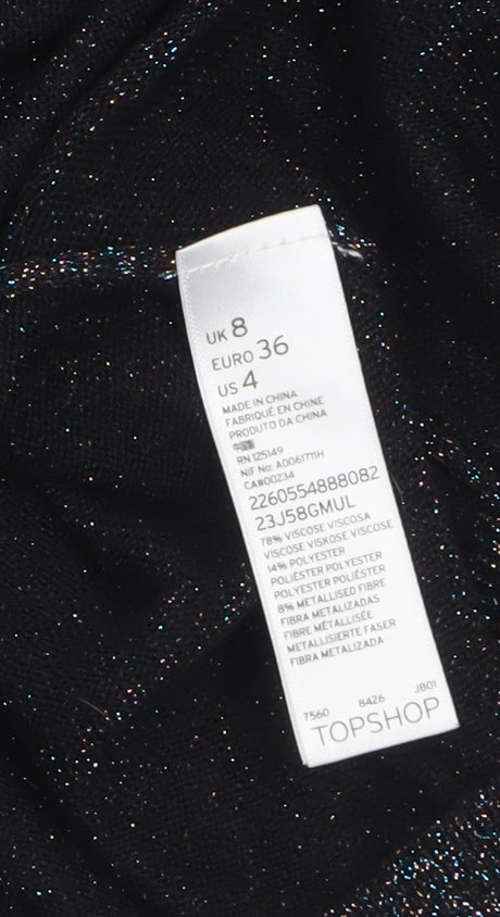 Topshop Women's Black Glitter Knit Crew Neck Jumper Size 8