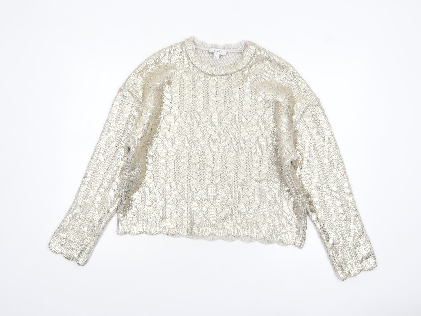Marks and Spencer Women Silver Cable-Knit Metallic Jumper Size M