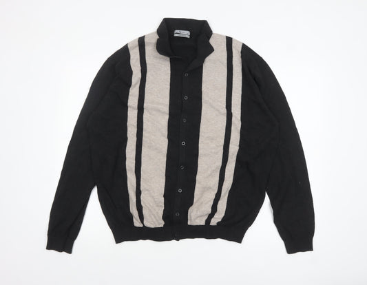 Tu Men’s Black 2XL Cotton Button Up Collared Striped Cardigan
