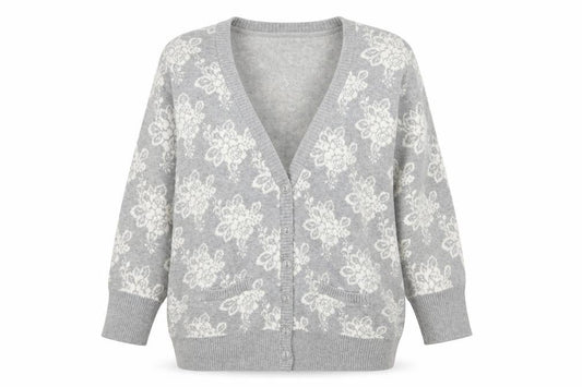 Forever 21 Women’s Grey Floral Knit Cotton Cardigan M V-Neck 3/4 Sleeve