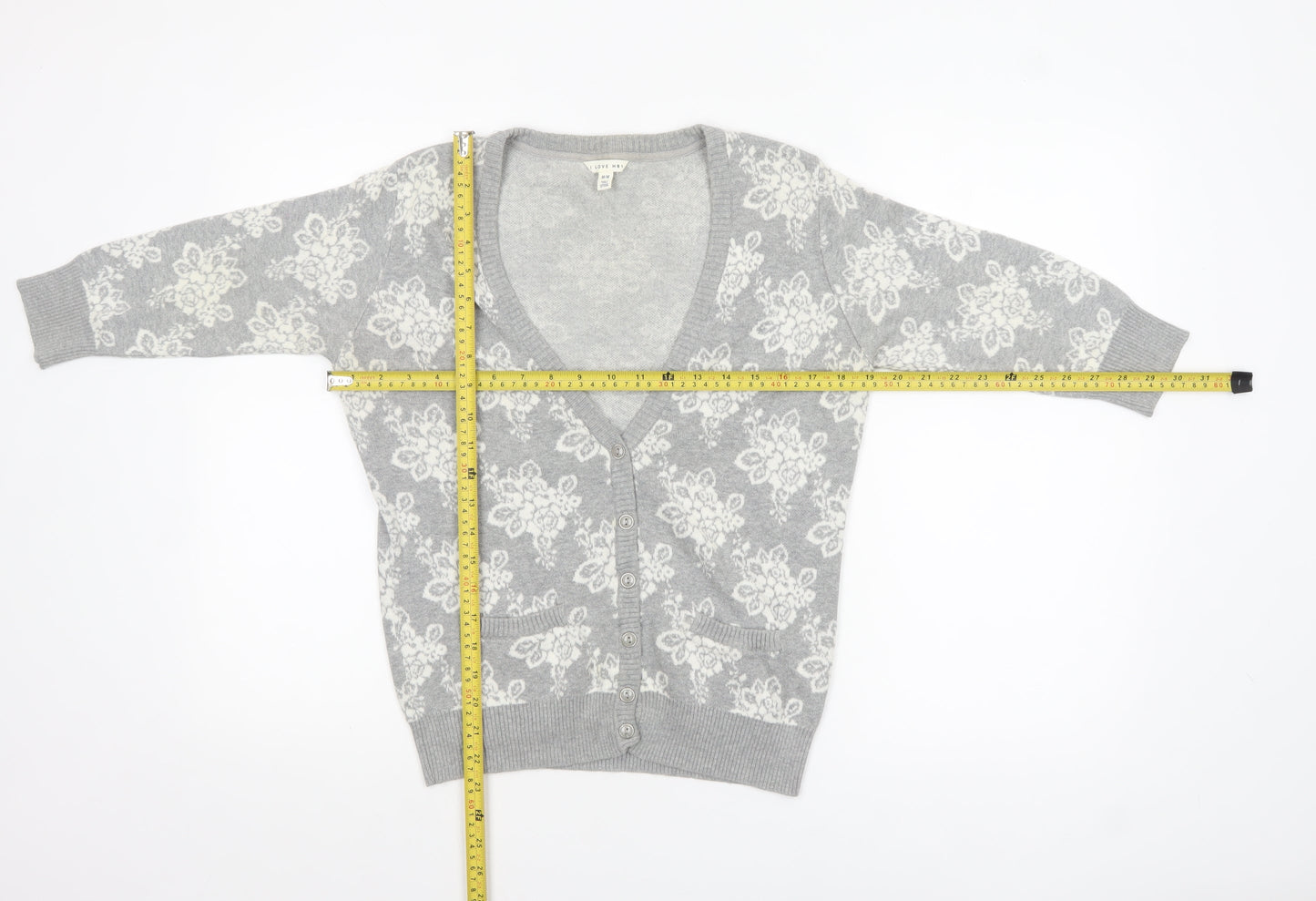 Forever 21 Women’s Grey Floral Knit Cotton Cardigan M V-Neck 3/4 Sleeve