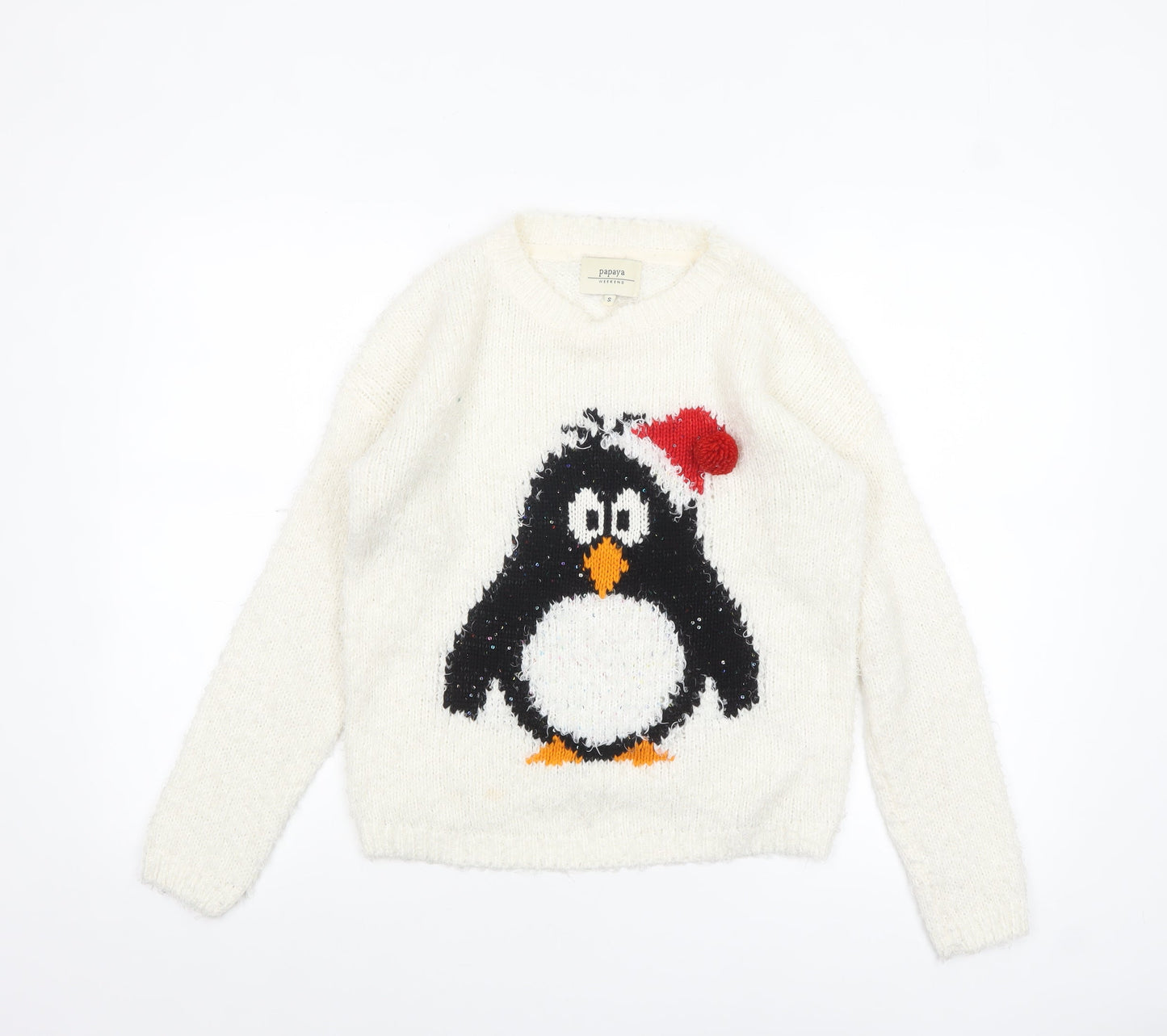 Papaya Weekend Women Ivory Christmas Penguin Jumper Size S