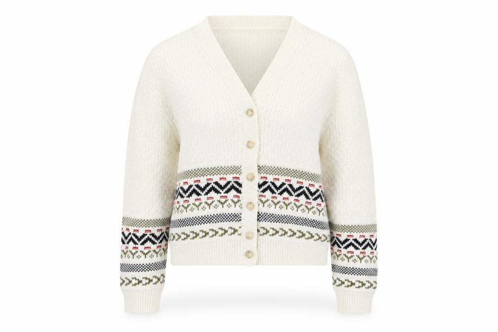 Marks & Spencer Women Ivory Fair Isle V-Neck Cardigan Size 12-14