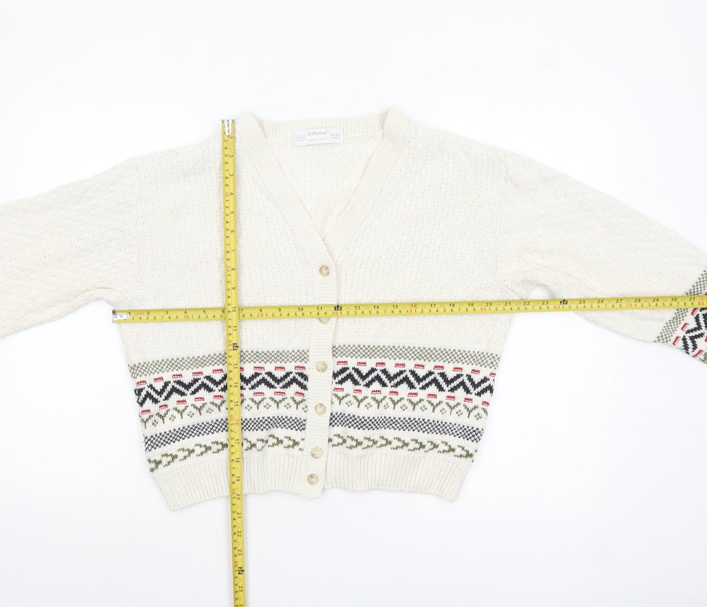 Marks and Spencer Women Ivory Fair Isle V-Neck Cardigan Size 12-14