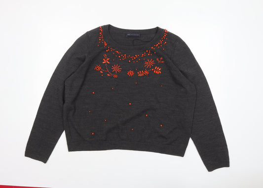 Marks and Spencer Women Grey Beaded Crew Neck Jumper Size 24