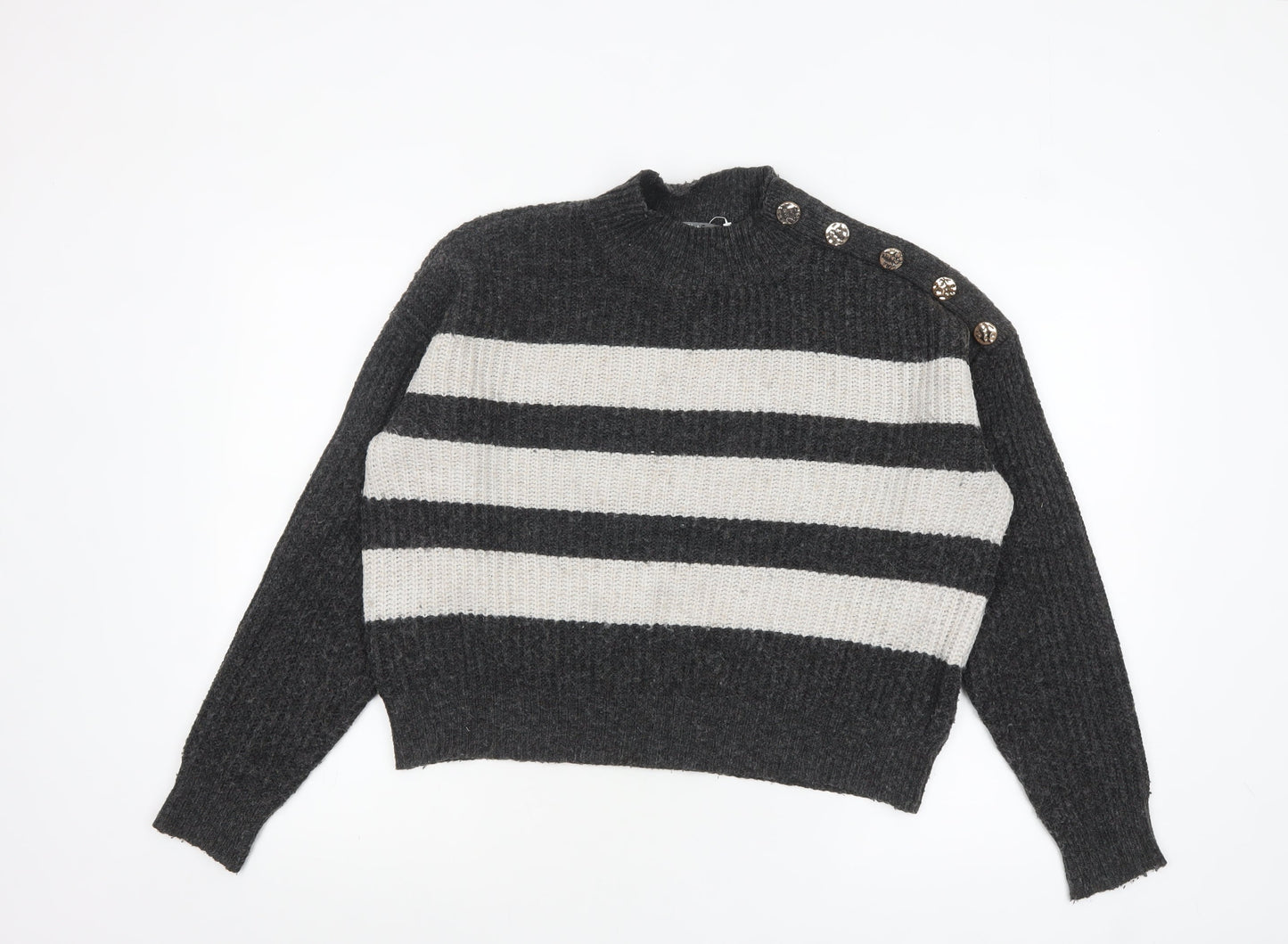Nutmeg Women Grey & Cream Striped Pullover Jumper Size 8-10