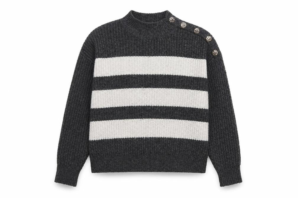 Nutmeg Women Grey & Cream Striped Pullover Jumper Size 8-10