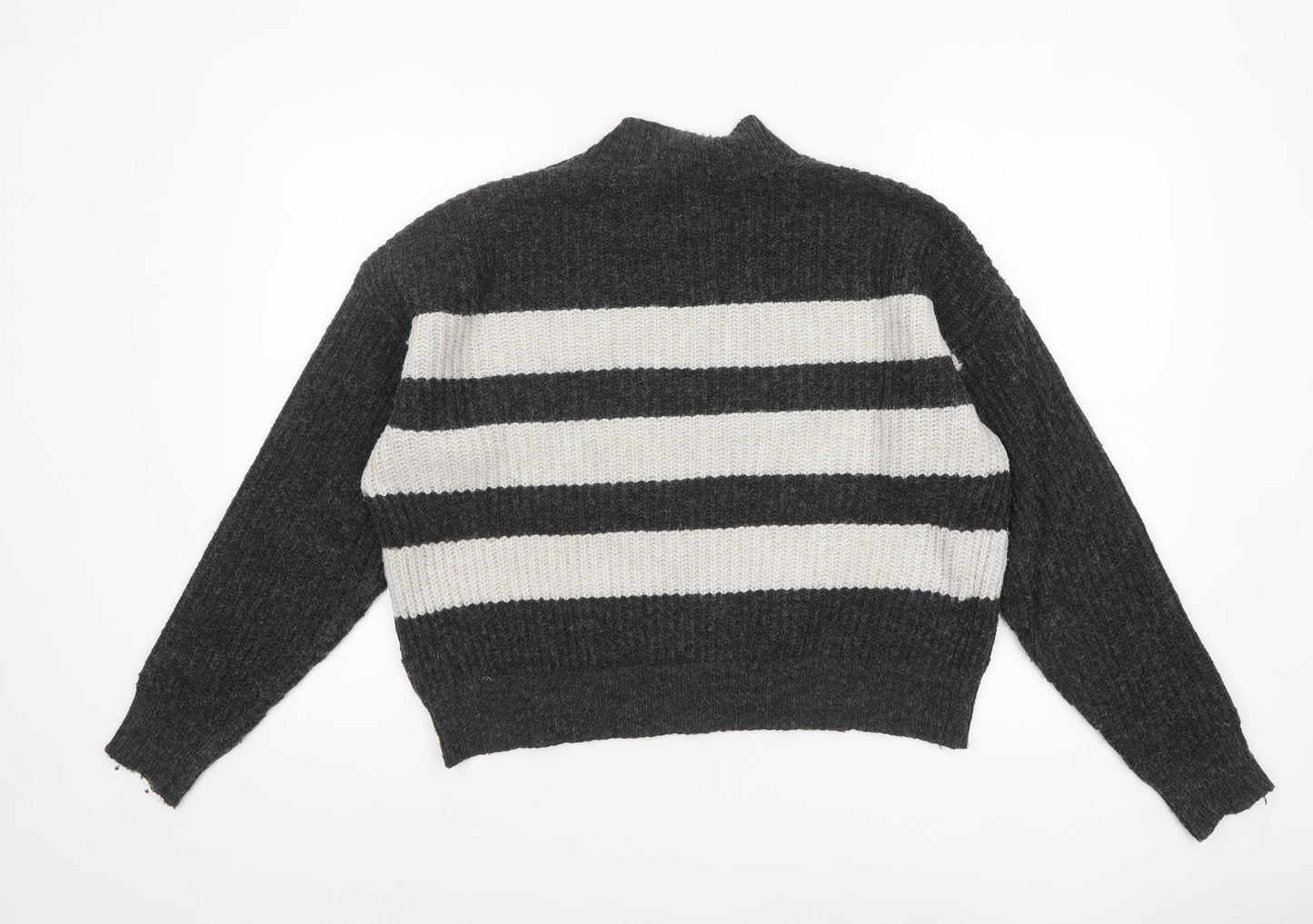 Nutmeg Women Grey & Cream Striped Pullover Jumper Size 8-10