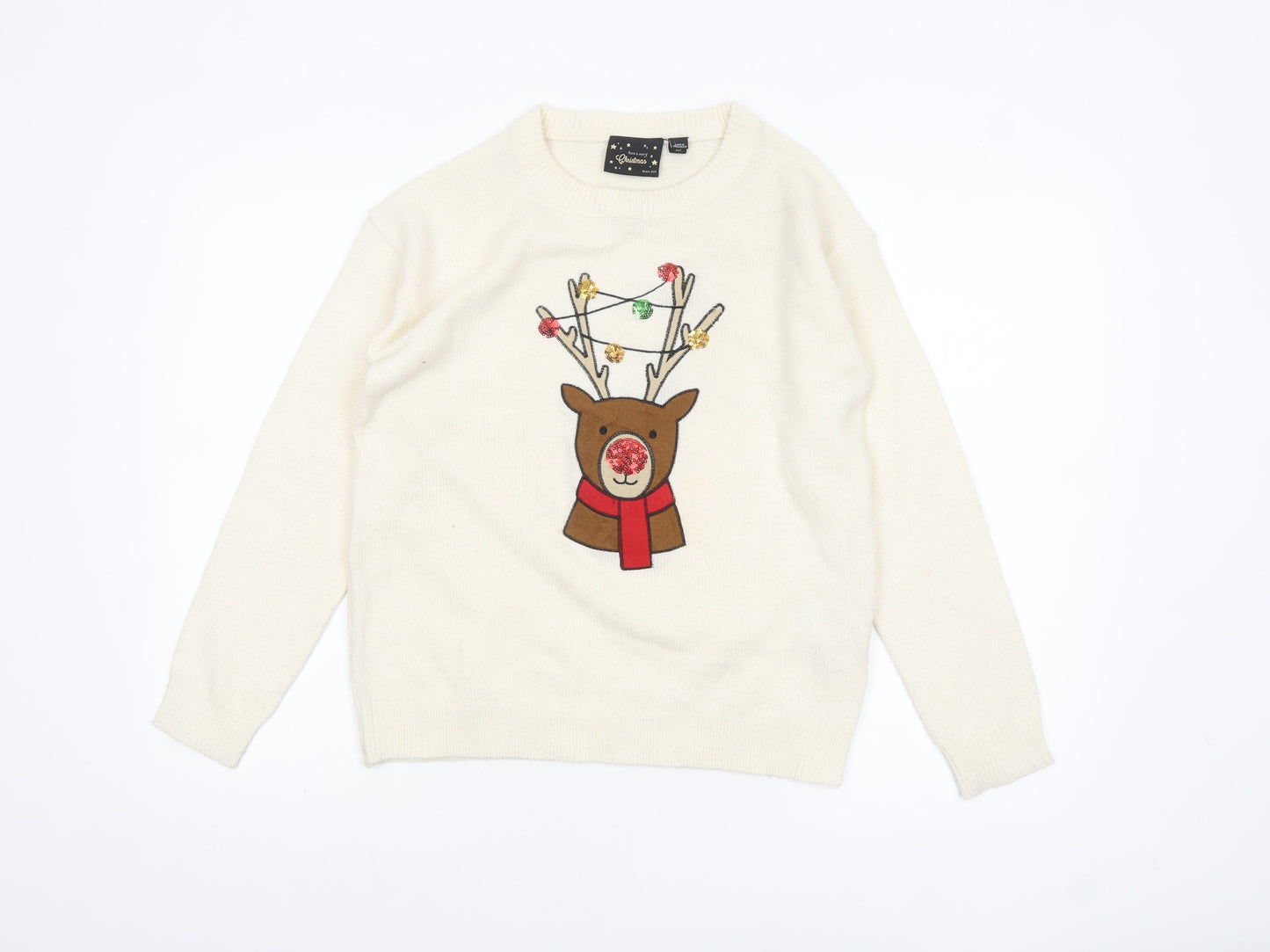 Brave Soul Women's Ivory XS Christmas Reindeer Sequin Jumper