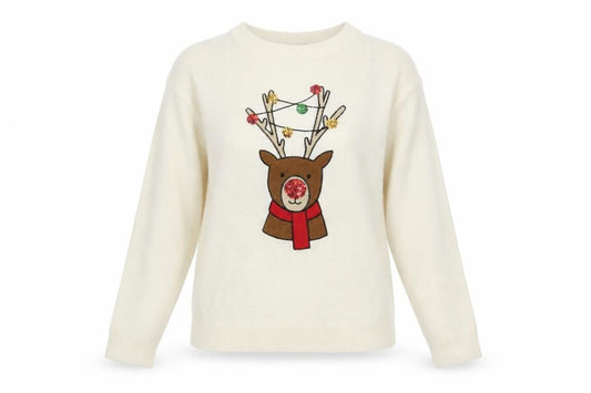 Brave Soul Women's Ivory XS Christmas Reindeer Sequin Jumper