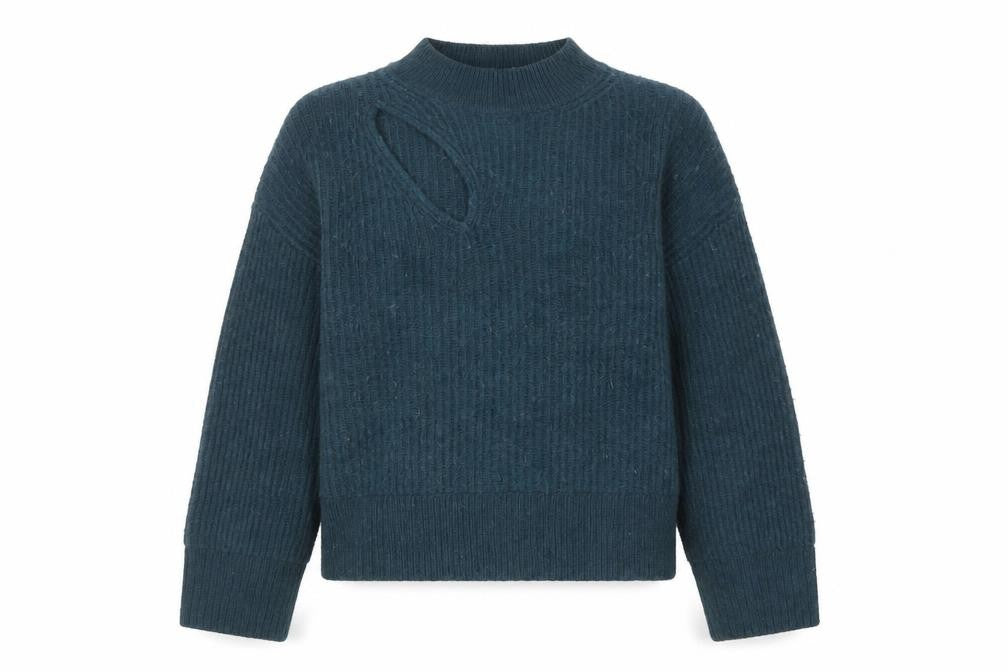 Hush Women Blue Ribbed High Neck Wool Blend Pullover Jumper Size S