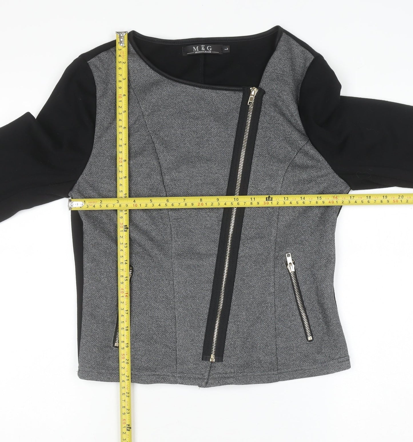 M&G Monogram Womens Grey Black Biker Jacket Size L Zip Style