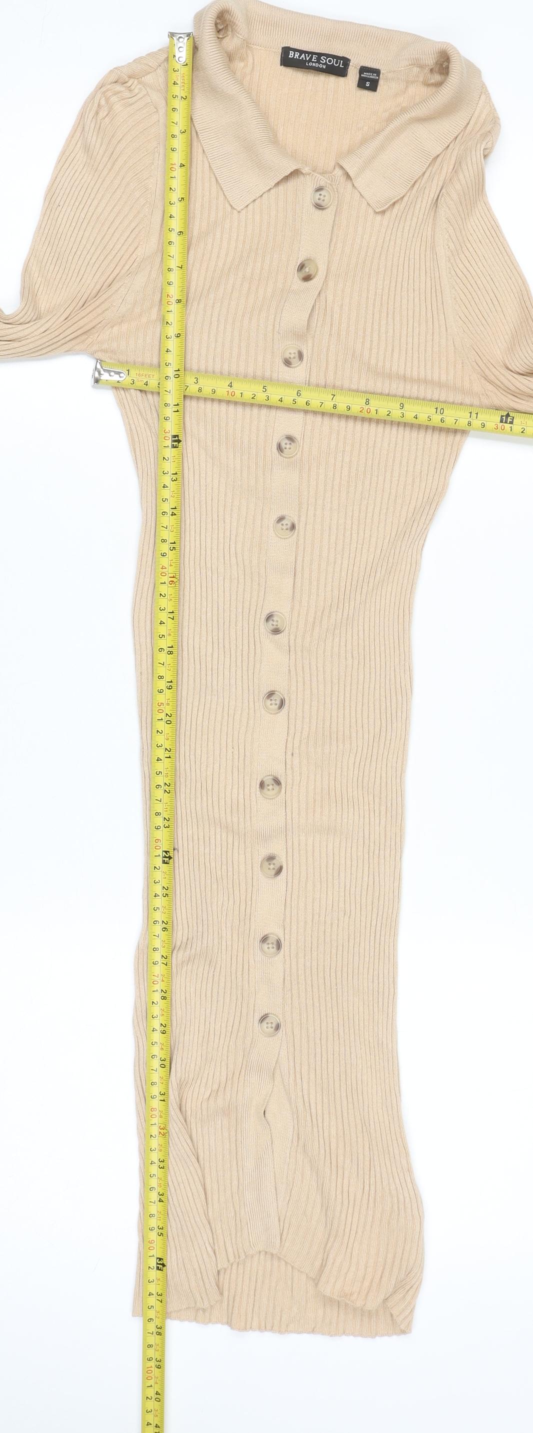 Brave Soul Women's Beige Rib Knit Collared Shirt Dress Size S