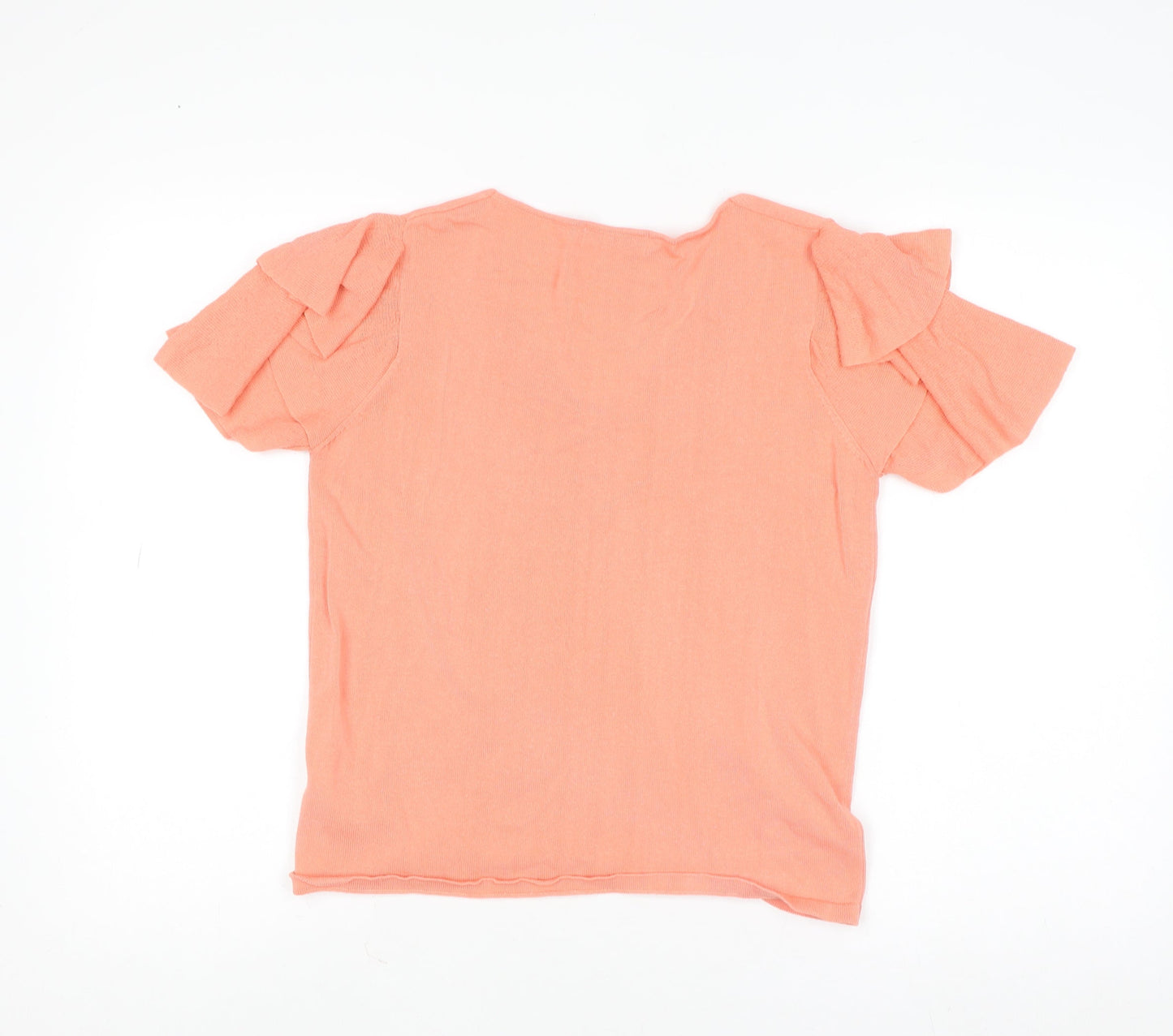 Marks and Spencer Women Pink Ruffle Sleeve V-Neck Knit T-Shirt Size 12
