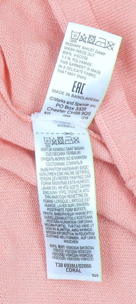 Marks and Spencer Women Pink Ruffle Sleeve V-Neck Knit T-Shirt Size 12