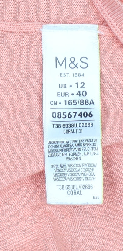 Marks and Spencer Women Pink Ruffle Sleeve V-Neck Knit T-Shirt Size 12