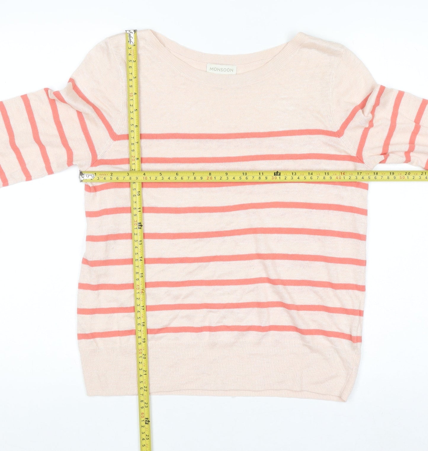 Monsoon Women’s Beige Striped Linen Blend 3/4 Sleeve Jumper Size 12