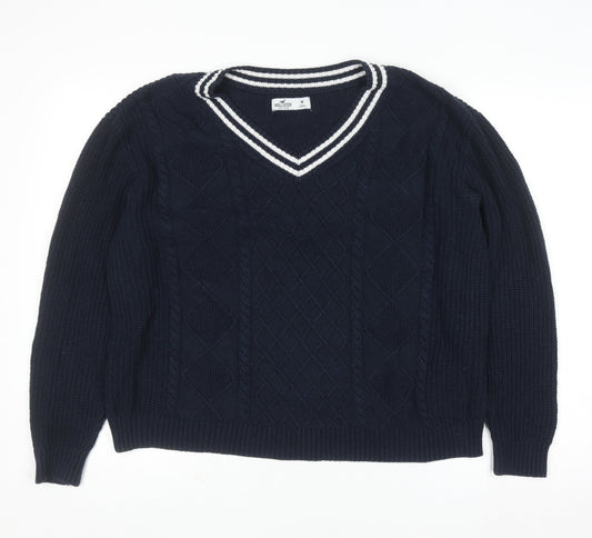 Hollister Women’s Blue V-Neck Cable Knit Cotton Jumper Size M