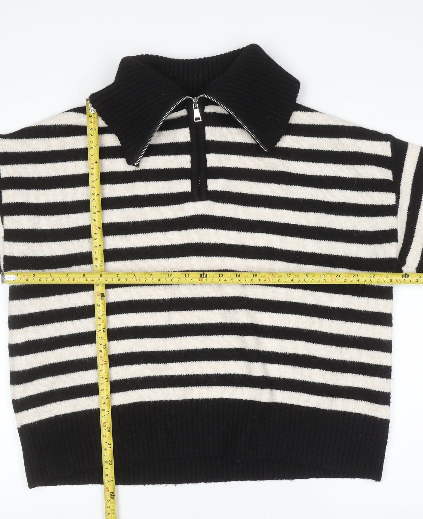 Bershka Women Black Striped Collared 1/4 Zip Knit Jumper Size 12