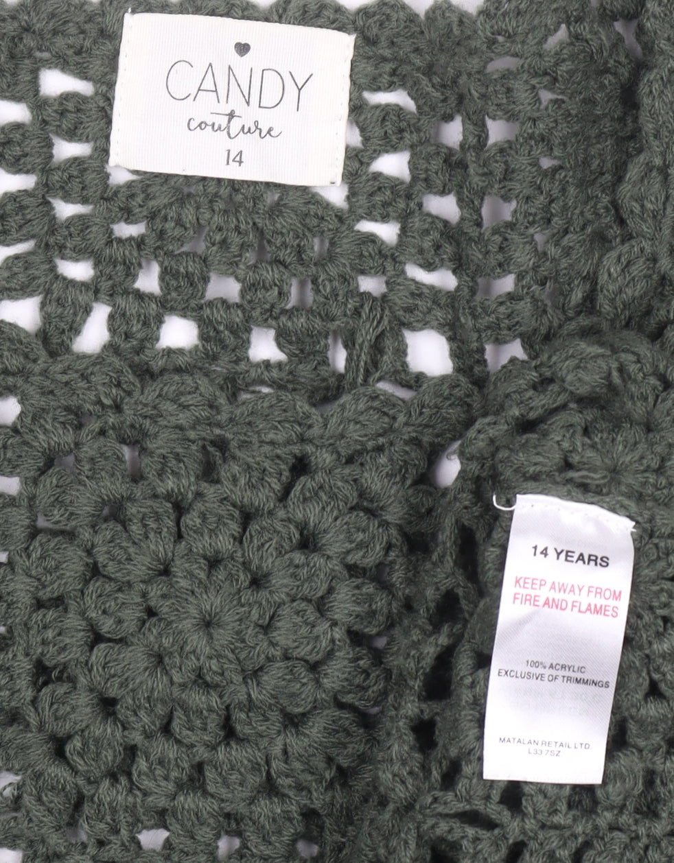 Candy Couture Girls Green Crochet Acrylic Jumper 14 Years Long Sleeve