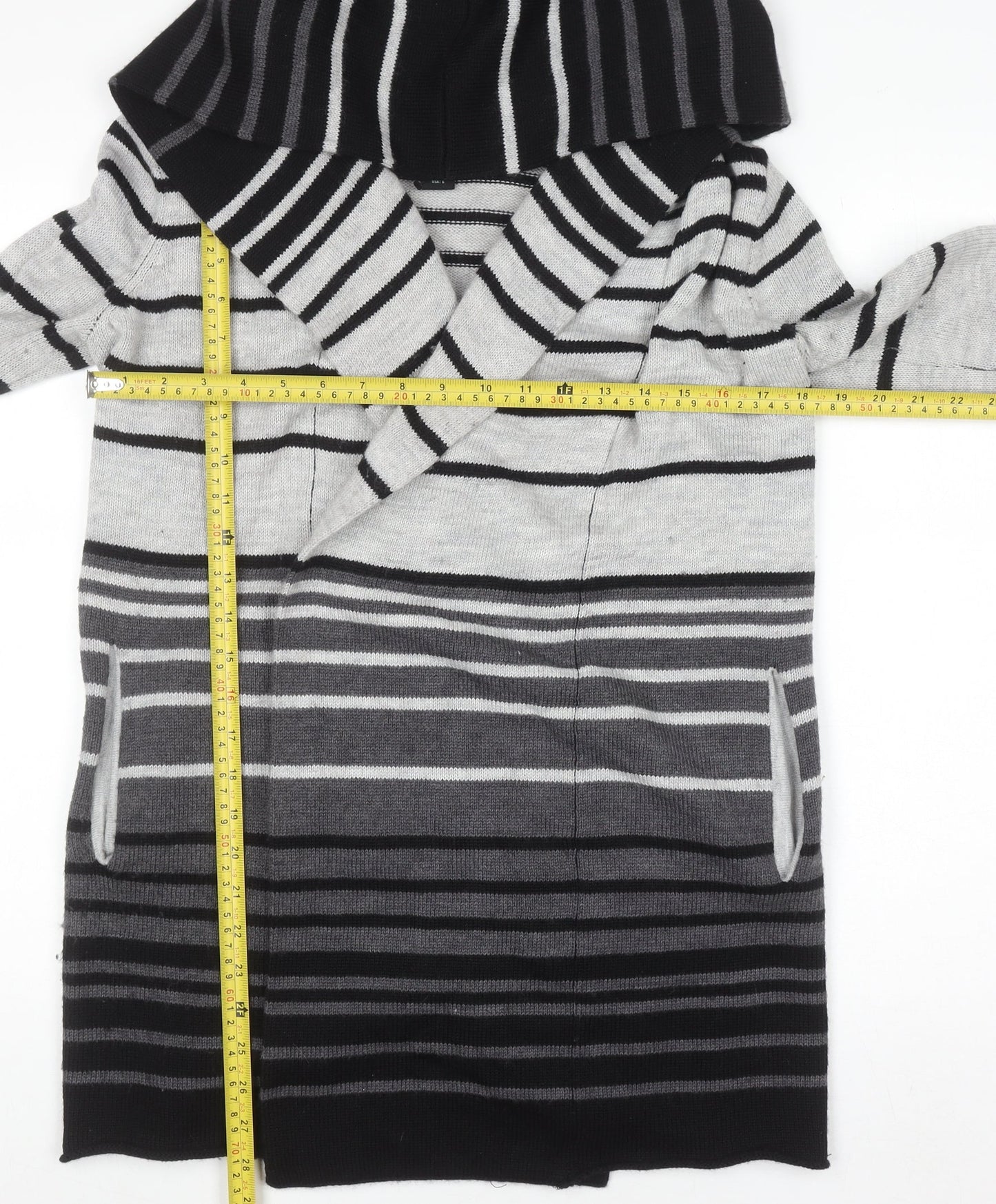 Cynthia Rowley Womens Grey Striped Hooded Merino Wool Blend Cardigan Size 10
