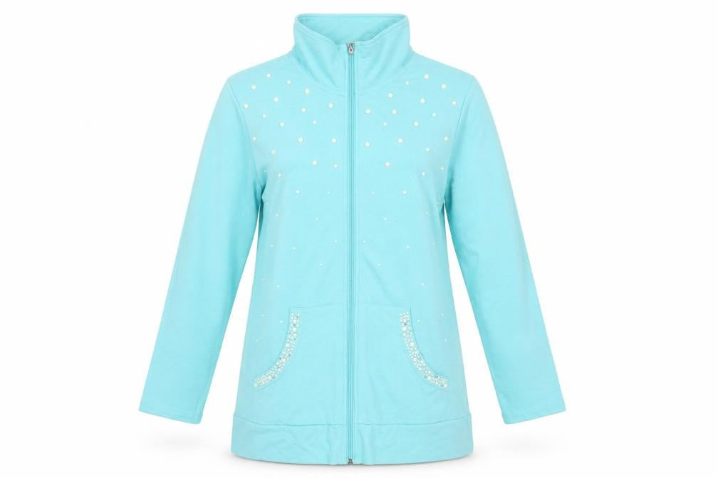 Quacker Factory Women Blue Rhinestone Full Zip Sweatshirt M