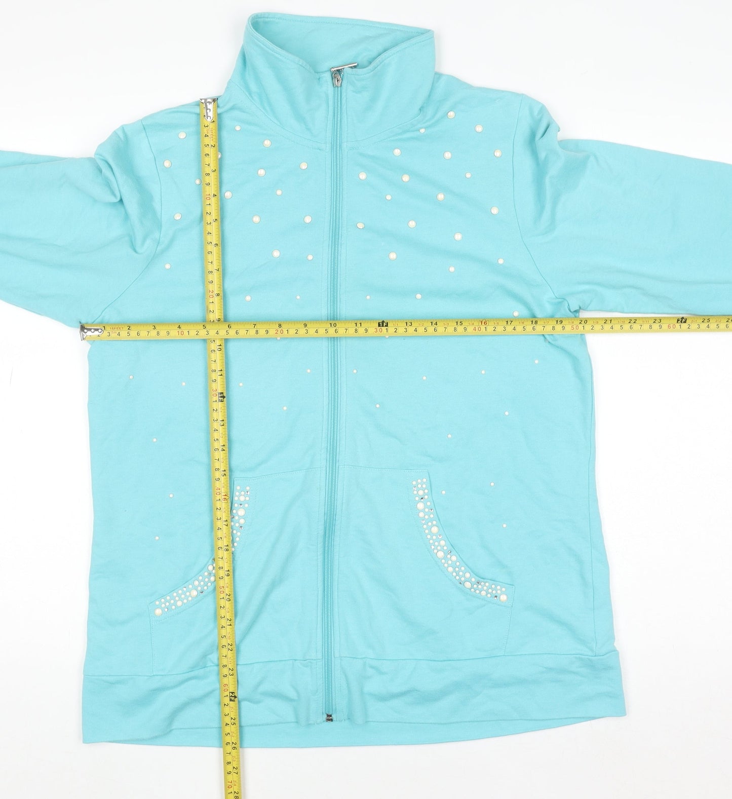 Quacker Factory Women Blue Rhinestone Full Zip Sweatshirt M