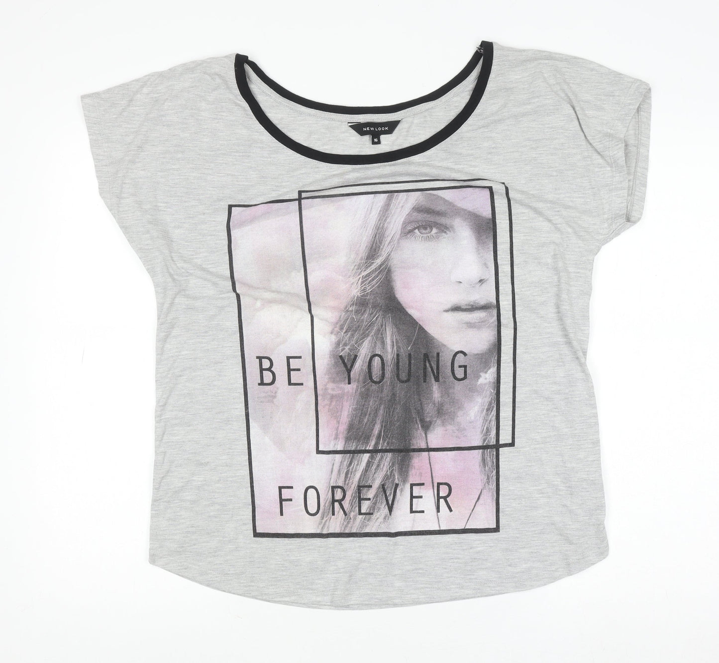New Look Women Grey Graphic T-Shirt Size 16 Short Sleeve Polyester Viscose