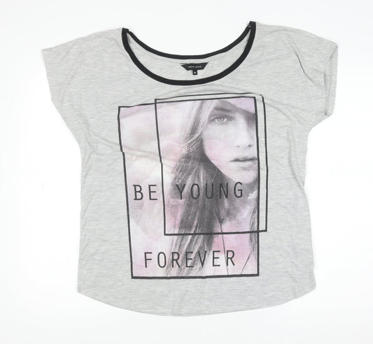 New Look Women Grey Graphic T-Shirt Size 16 Short Sleeve Polyester Viscose