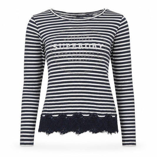 Superdry Women's Blue Striped Lace Hem Long Sleeve T-Shirt Size 10