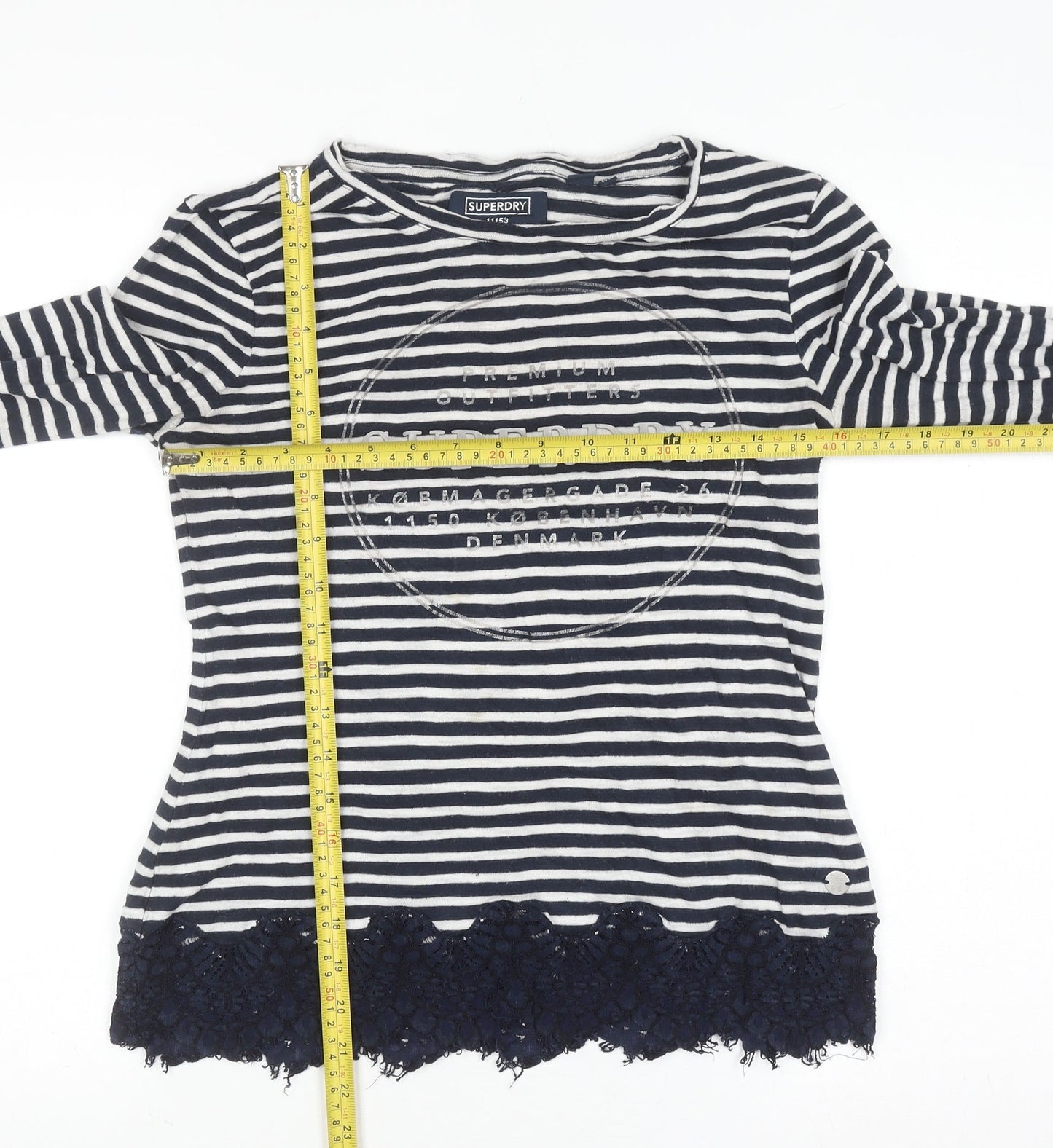 Superdry Women's Blue Striped Lace Hem Long Sleeve T-Shirt Size 10