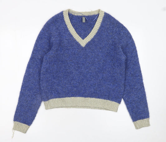 CULTURE Women's Blue V-Neck Chunky Knit Wool Blend Jumper XS