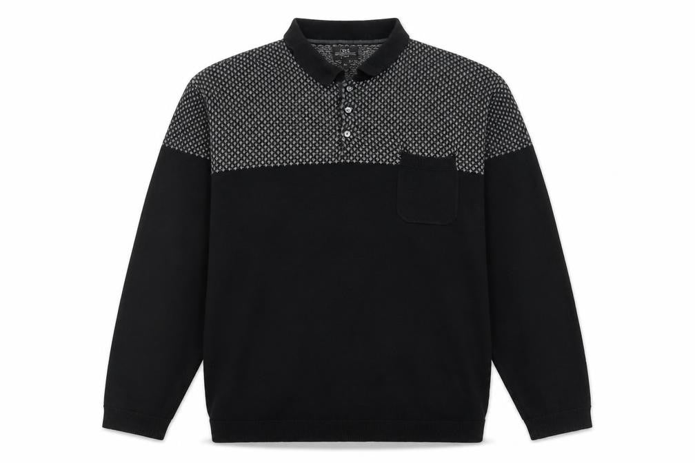 Next Men's Black XL Long Sleeve Geometric Knit Polo Shirt