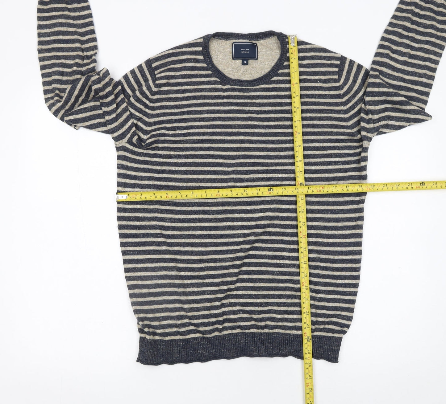 John Lewis Men's Blue Striped Cotton Crew Neck Jumper Size S