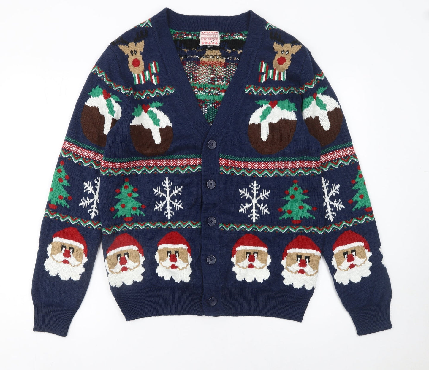 George Mens Blue Christmas Cardigan Medium Reindeer Santa Knit