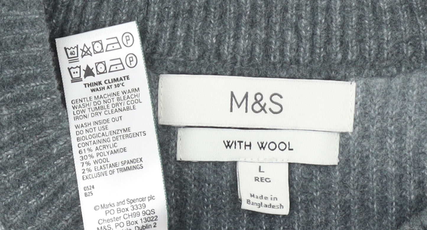 Marks and Spencer Men's Grey Wool Blend Ribbed Pullover Jumper L