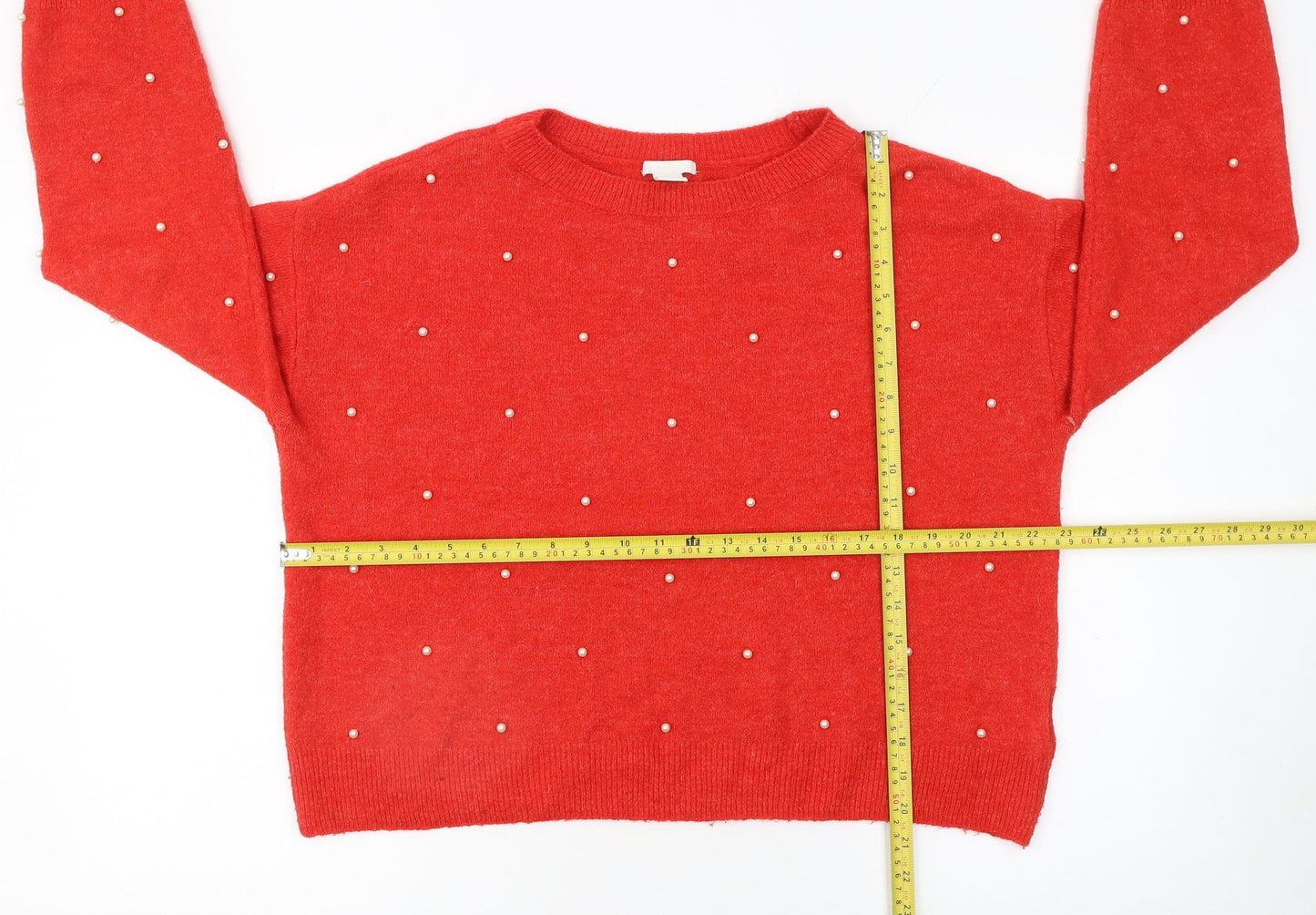 H&M Women Red Beaded Crew Neck Wool Blend Jumper Size 12